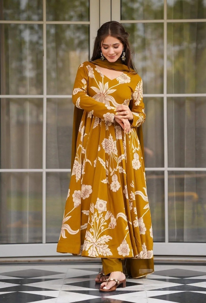 Premium Mustard Floral Flare Anarkali Suit with Coordinated Pants and Lightweight Draped Dupatta Outfit