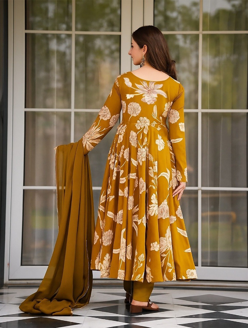 Premium Mustard Floral Flare Anarkali Suit with Coordinated Pants and Lightweight Draped Dupatta Outfit