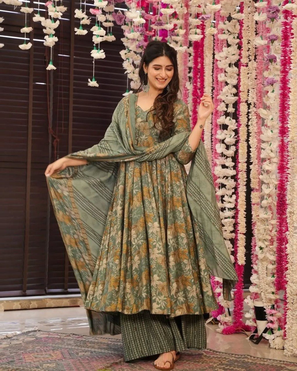 The Perfect Summer Festive Look – Sage Green Botanical Print Kurta Set Paired with a Matching Lightweight Printed Dupatta ✨