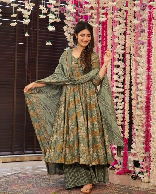 The Perfect Summer Festive Look – Sage Green Botanical Print Kurta Set Paired with a Matching Lightweight Printed Dupatta ✨