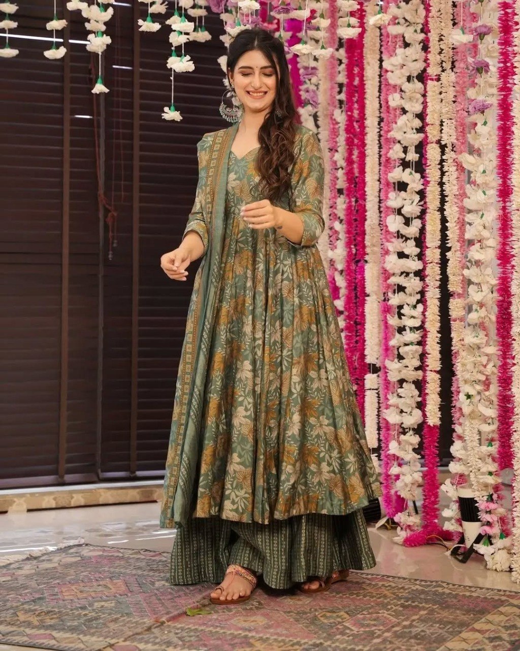 The Perfect Summer Festive Look – Sage Green Botanical Print Kurta Set Paired with a Matching Lightweight Printed Dupatta ✨