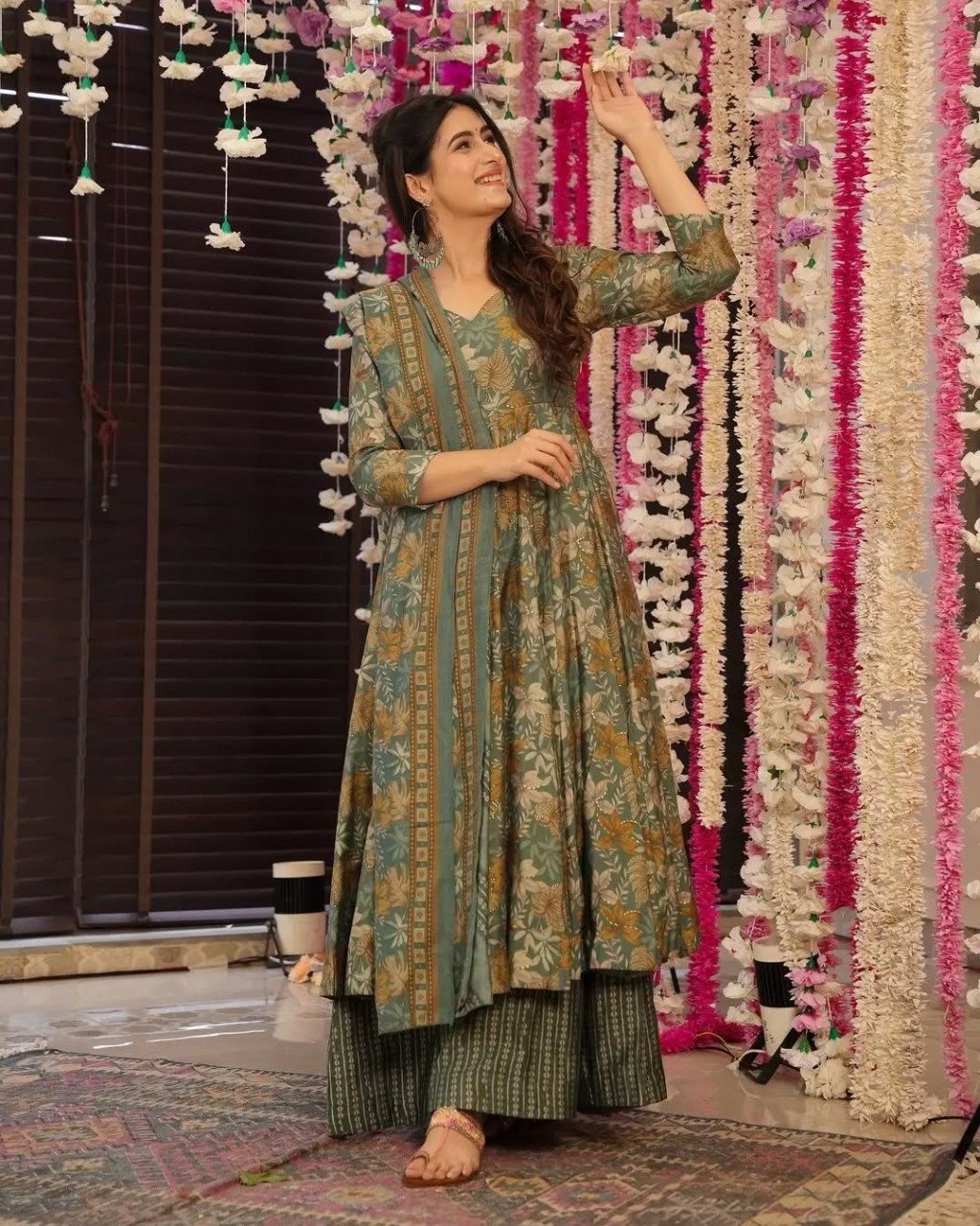 The Perfect Summer Festive Look – Sage Green Botanical Print Kurta Set Paired with a Matching Lightweight Printed Dupatta ✨