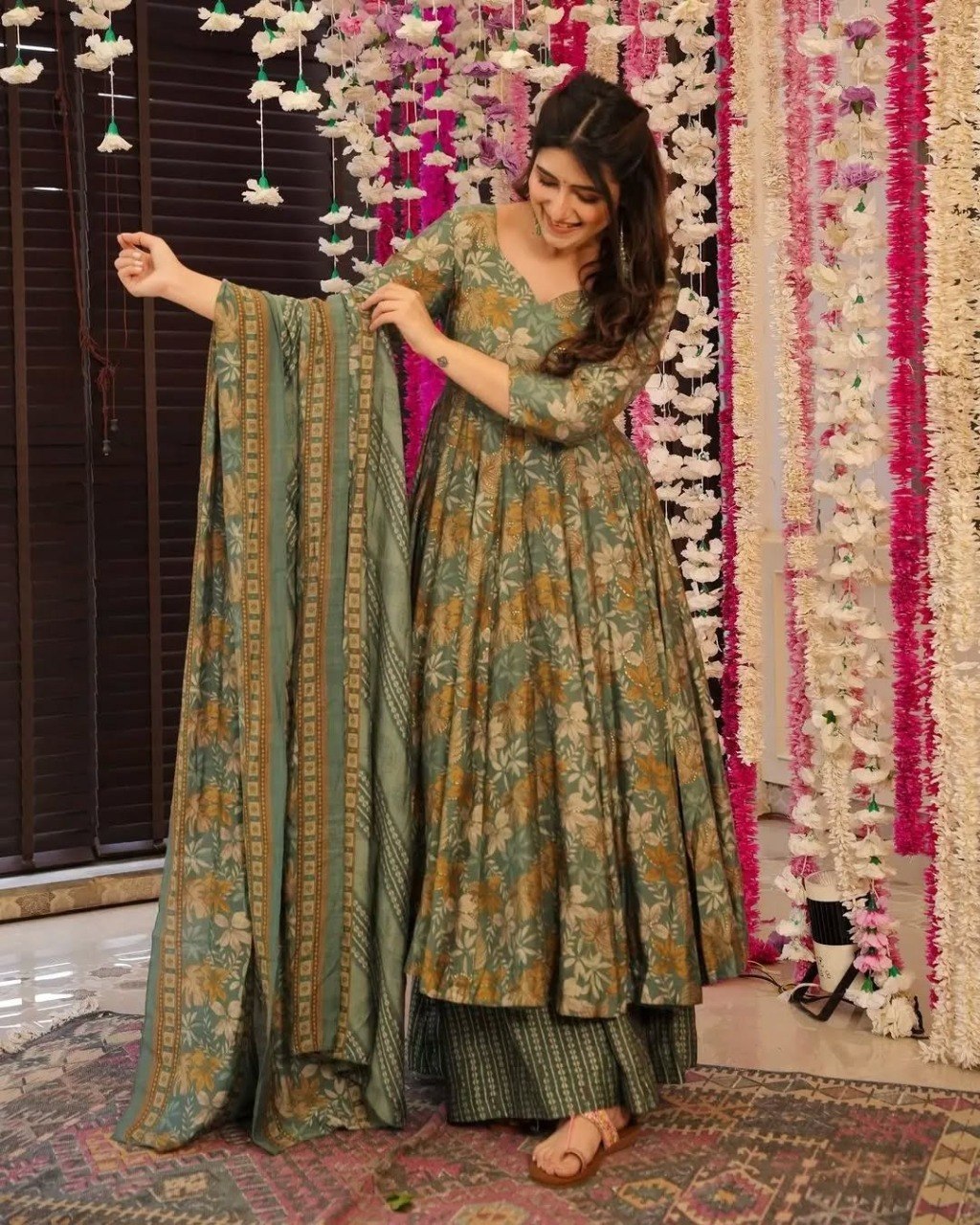 The Perfect Summer Festive Look – Sage Green Botanical Print Kurta Set Paired with a Matching Lightweight Printed Dupatta ✨