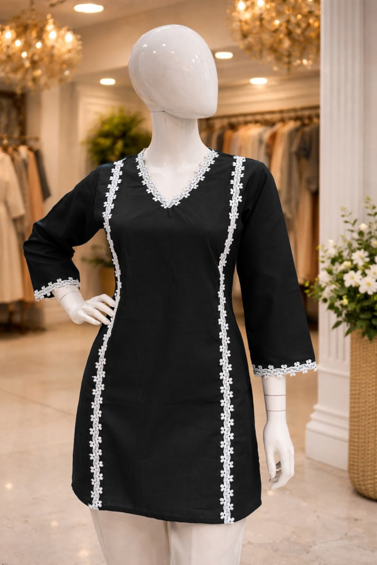 ✨  Roman Silk Lace Work Short Kurti | Black & Rust | Elegant & Trendy ✨