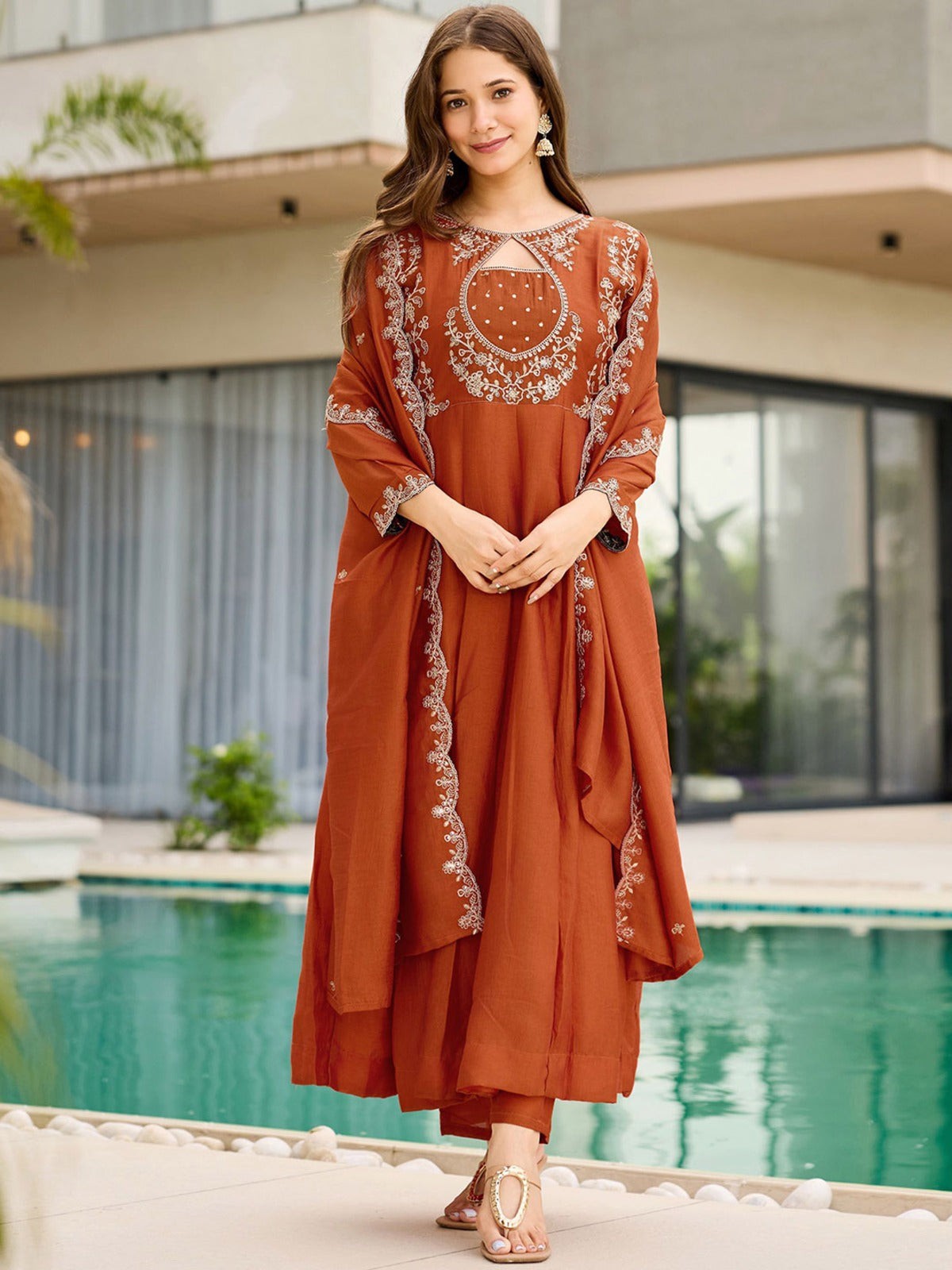 Elegant Vichitra Fabric Calf Length Straight Kurta Set