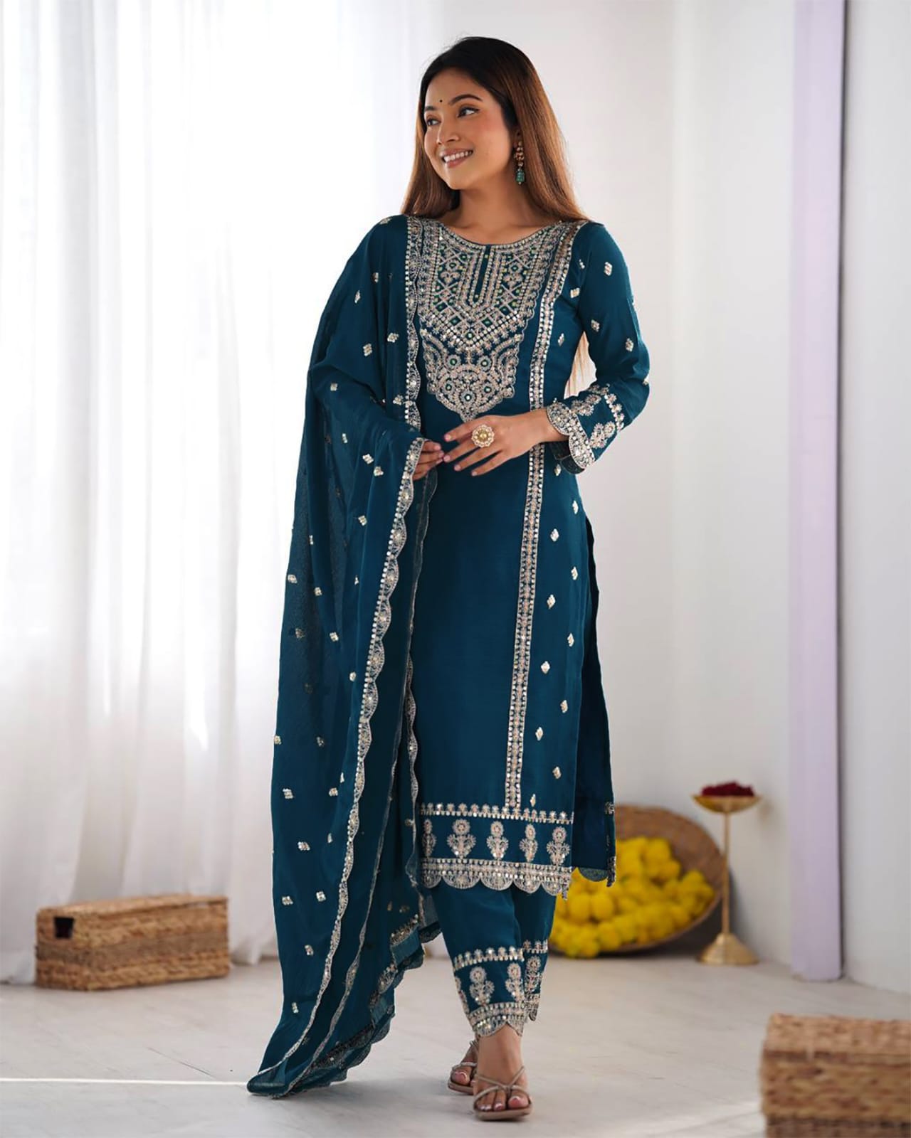 Classic Heritage Draped in Modern Style: Midnight Teal Straight Salwar Suit with Luminescent Silver Accents and Detailed Scallop Borders