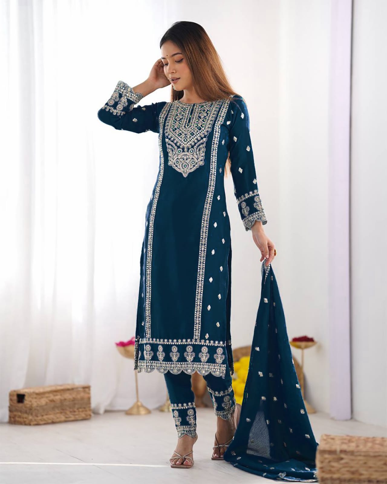 Classic Heritage Draped in Modern Style: Midnight Teal Straight Salwar Suit with Luminescent Silver Accents and Detailed Scallop Borders