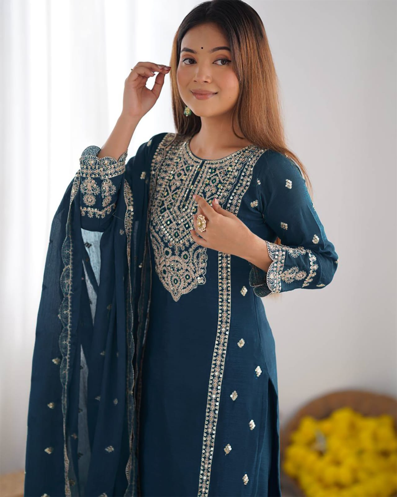 Classic Heritage Draped in Modern Style: Midnight Teal Straight Salwar Suit with Luminescent Silver Accents and Detailed Scallop Borders