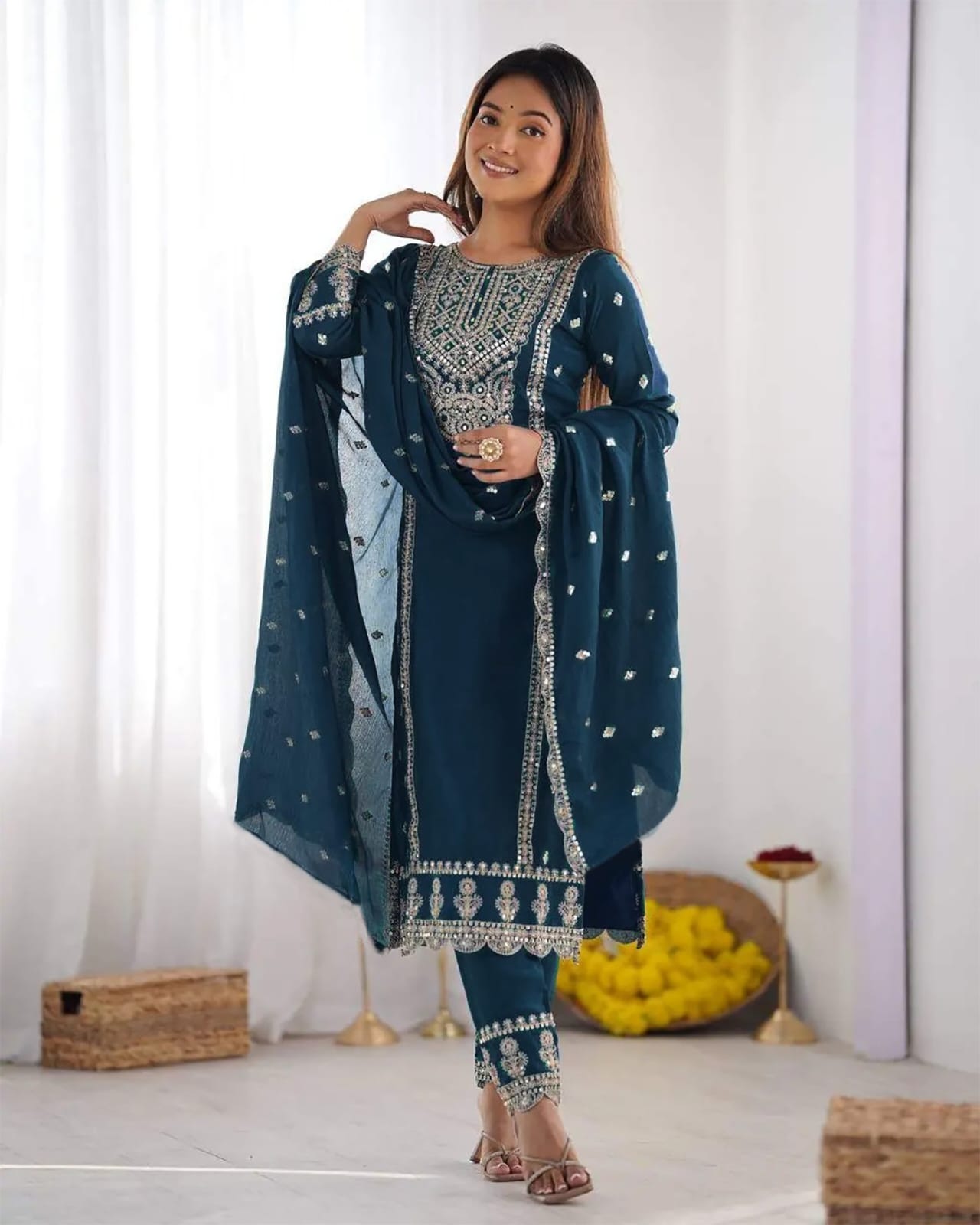 Classic Heritage Draped in Modern Style: Midnight Teal Straight Salwar Suit with Luminescent Silver Accents and Detailed Scallop Borders