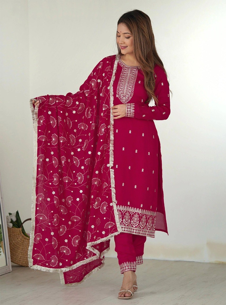 Rani Pink Festive Elegance – Embroidered Kurta, Pants & Dupatta Co-ord