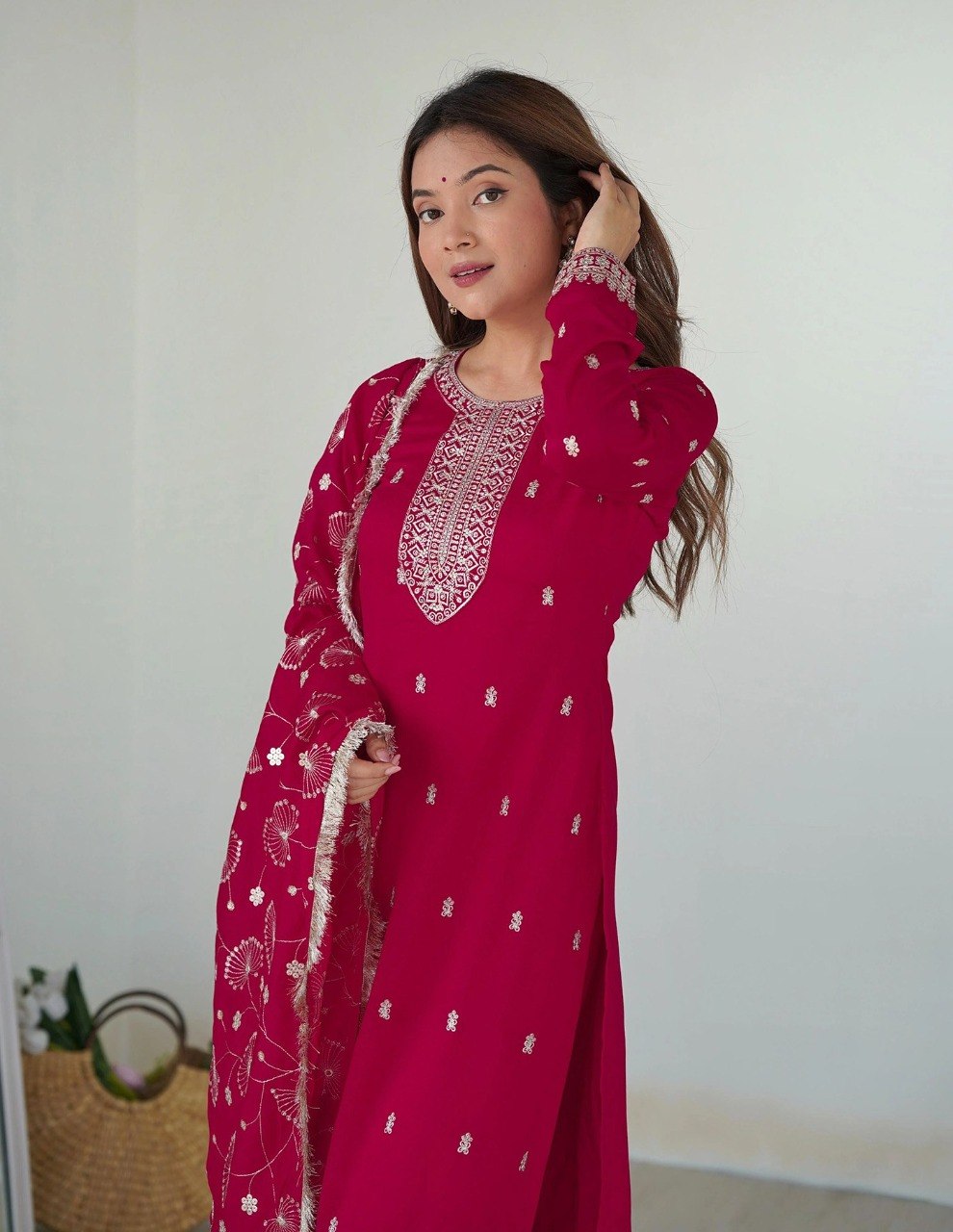 Rani Pink Festive Elegance – Embroidered Kurta, Pants & Dupatta Co-ord