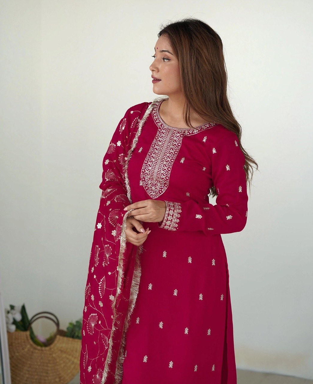 Rani Pink Festive Elegance – Embroidered Kurta, Pants & Dupatta Co-ord