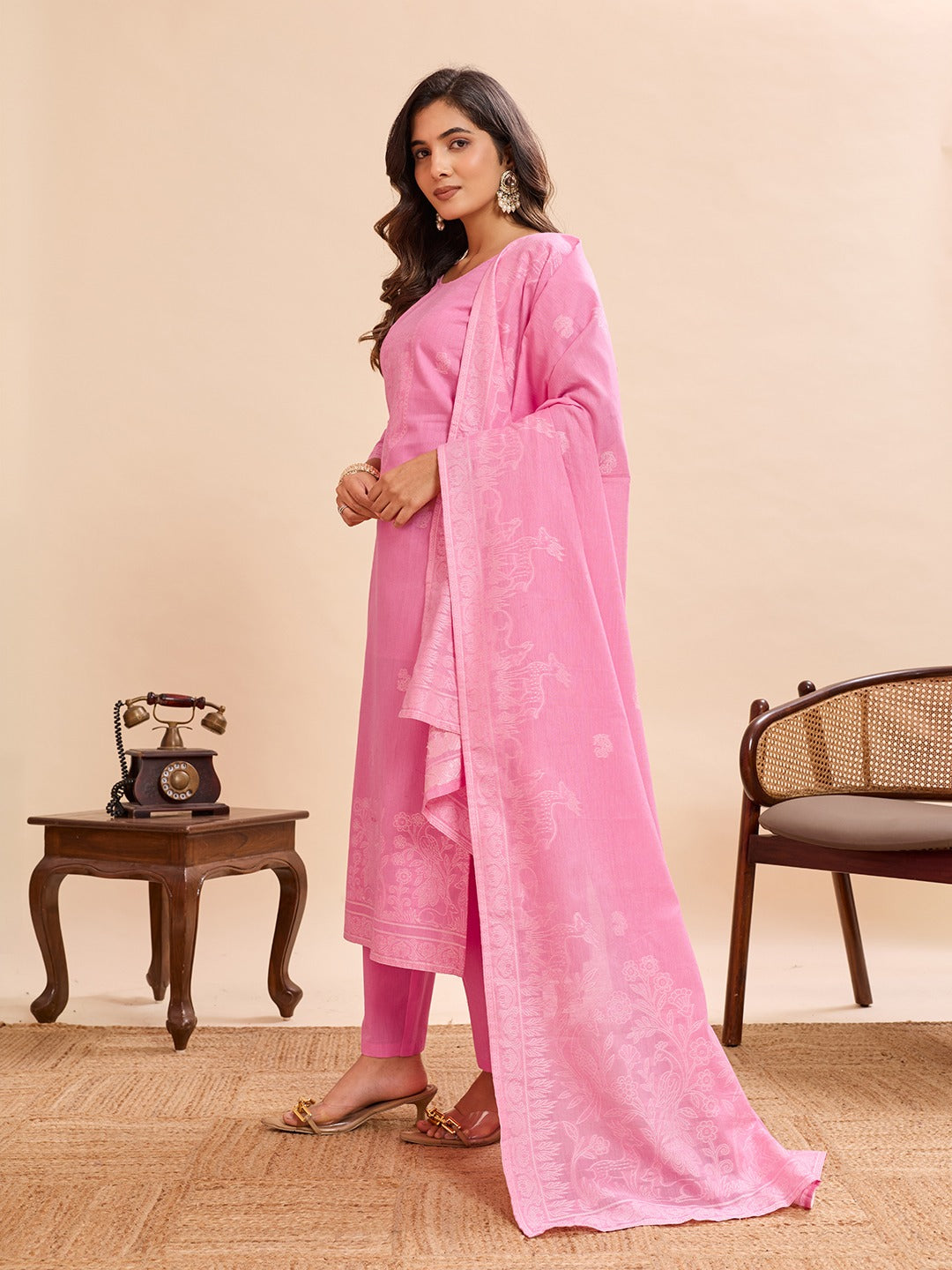 Elegant Pure Cotton Fabric Calf Length Straight Kurta Set