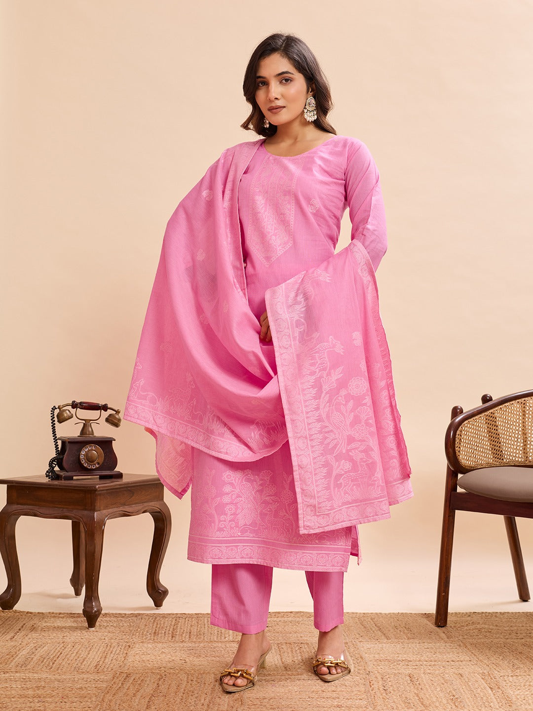 Elegant Pure Cotton Fabric Calf Length Straight Kurta Set