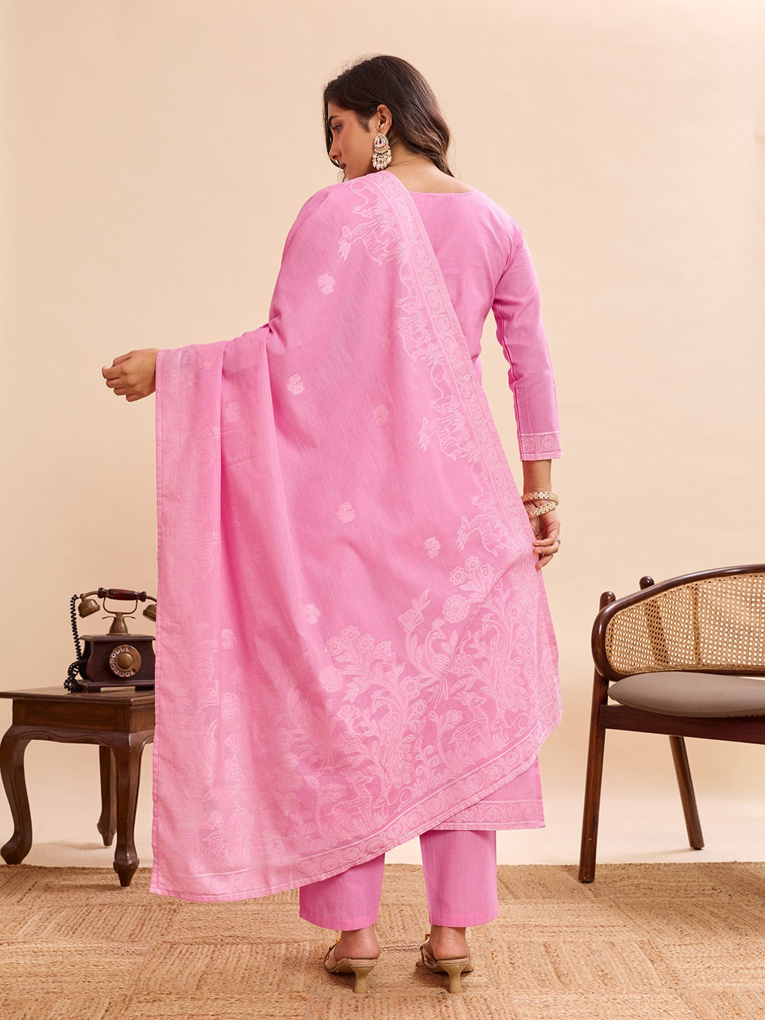 Elegant Pure Cotton Fabric Calf Length Straight Kurta Set