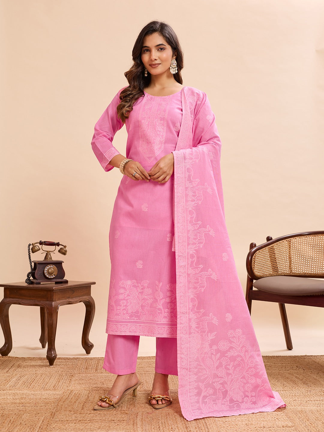 Elegant Pure Cotton Fabric Calf Length Straight Kurta Set