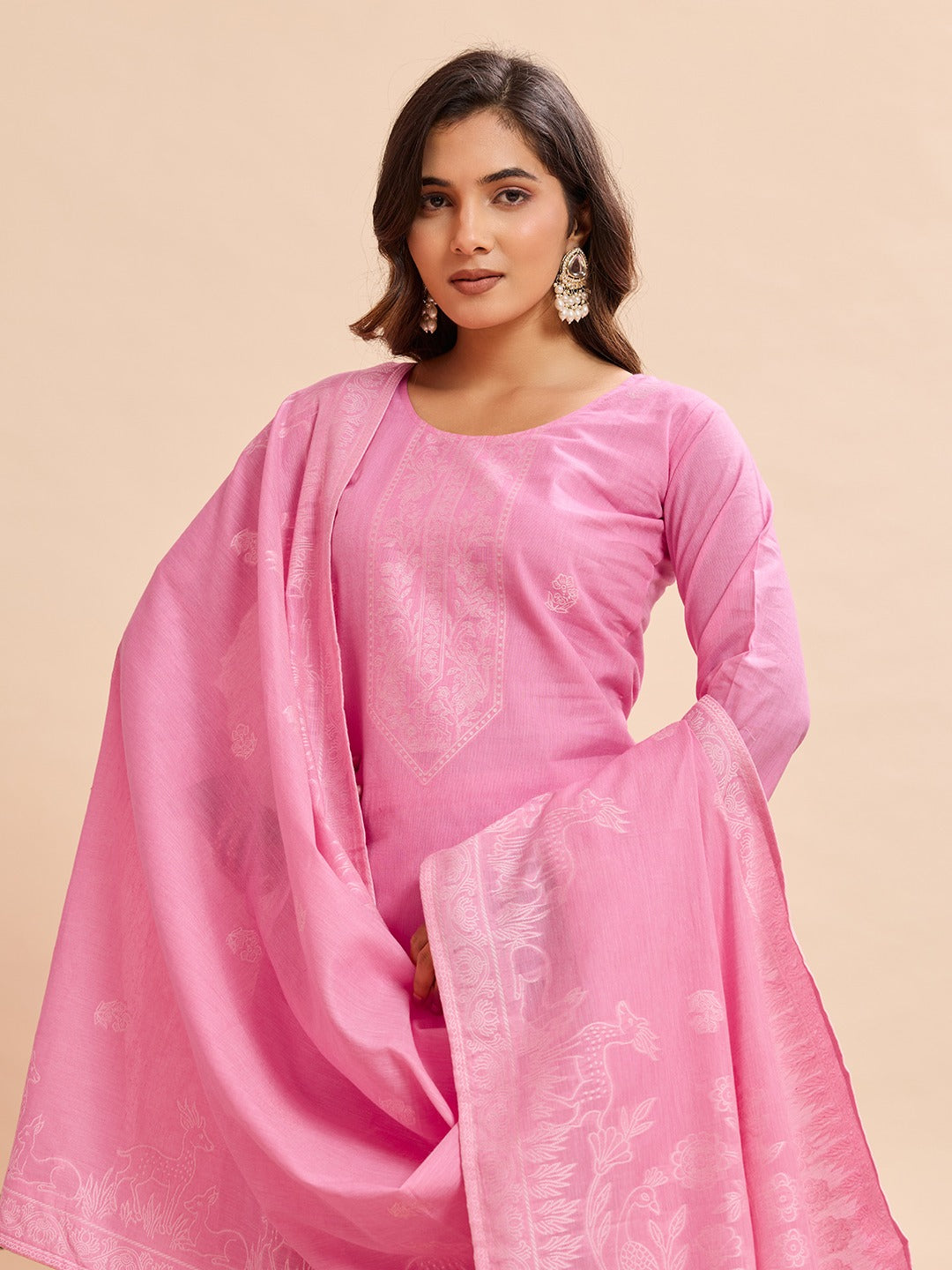 Elegant Pure Cotton Fabric Calf Length Straight Kurta Set