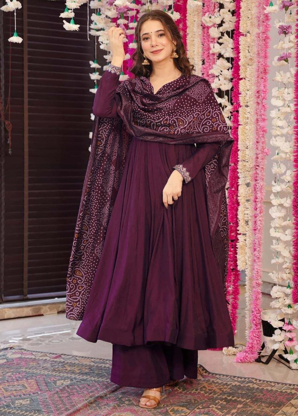 Premium Wine Silk-Blend Anarkali Suit with Straight Palazzos and Printed Dupatta