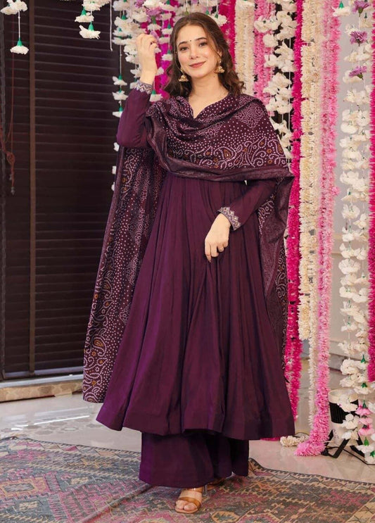 Premium Wine Silk-Blend Anarkali Suit with Straight Palazzos and Printed Dupatta