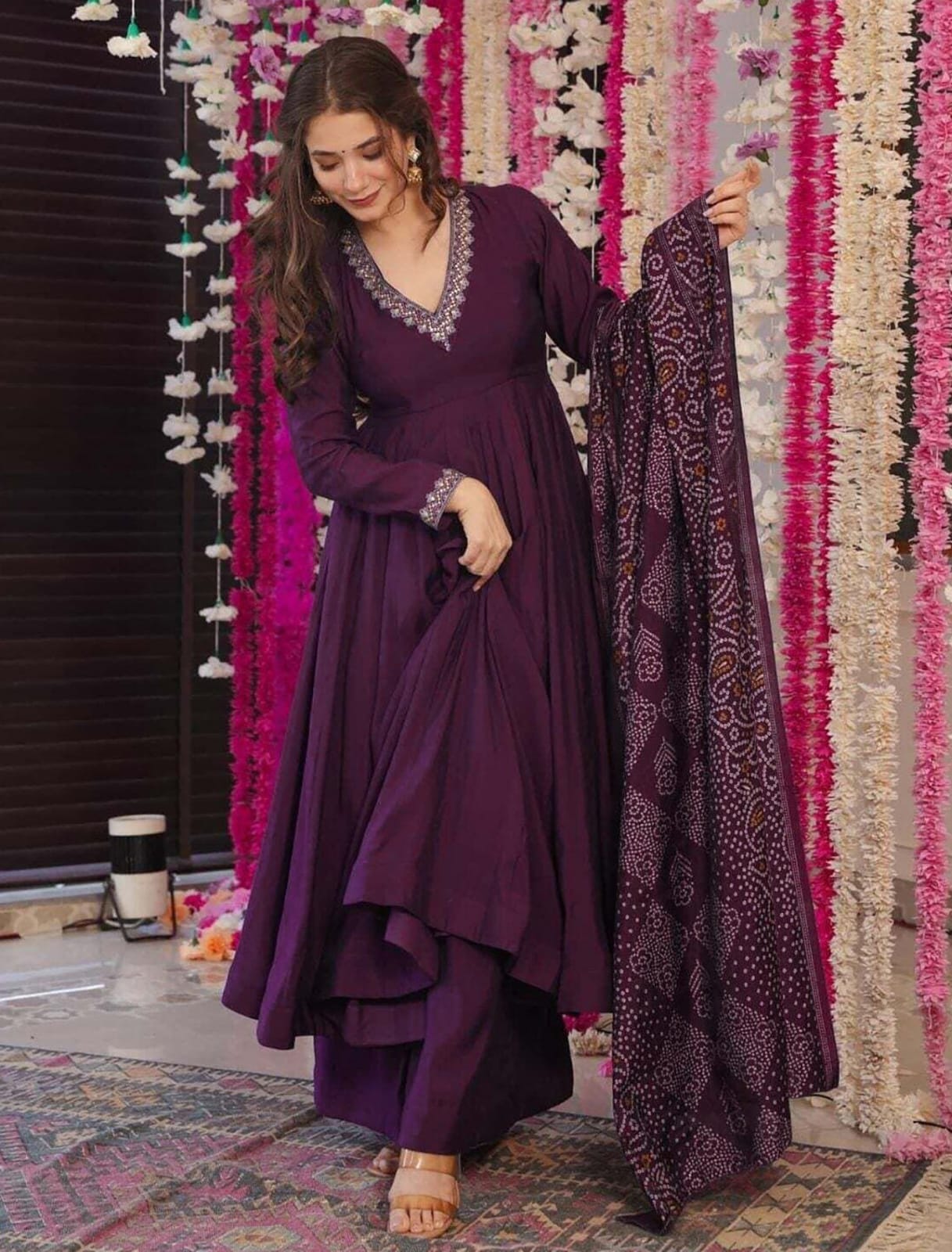Premium Wine Silk-Blend Anarkali Suit with Straight Palazzos and Printed Dupatta