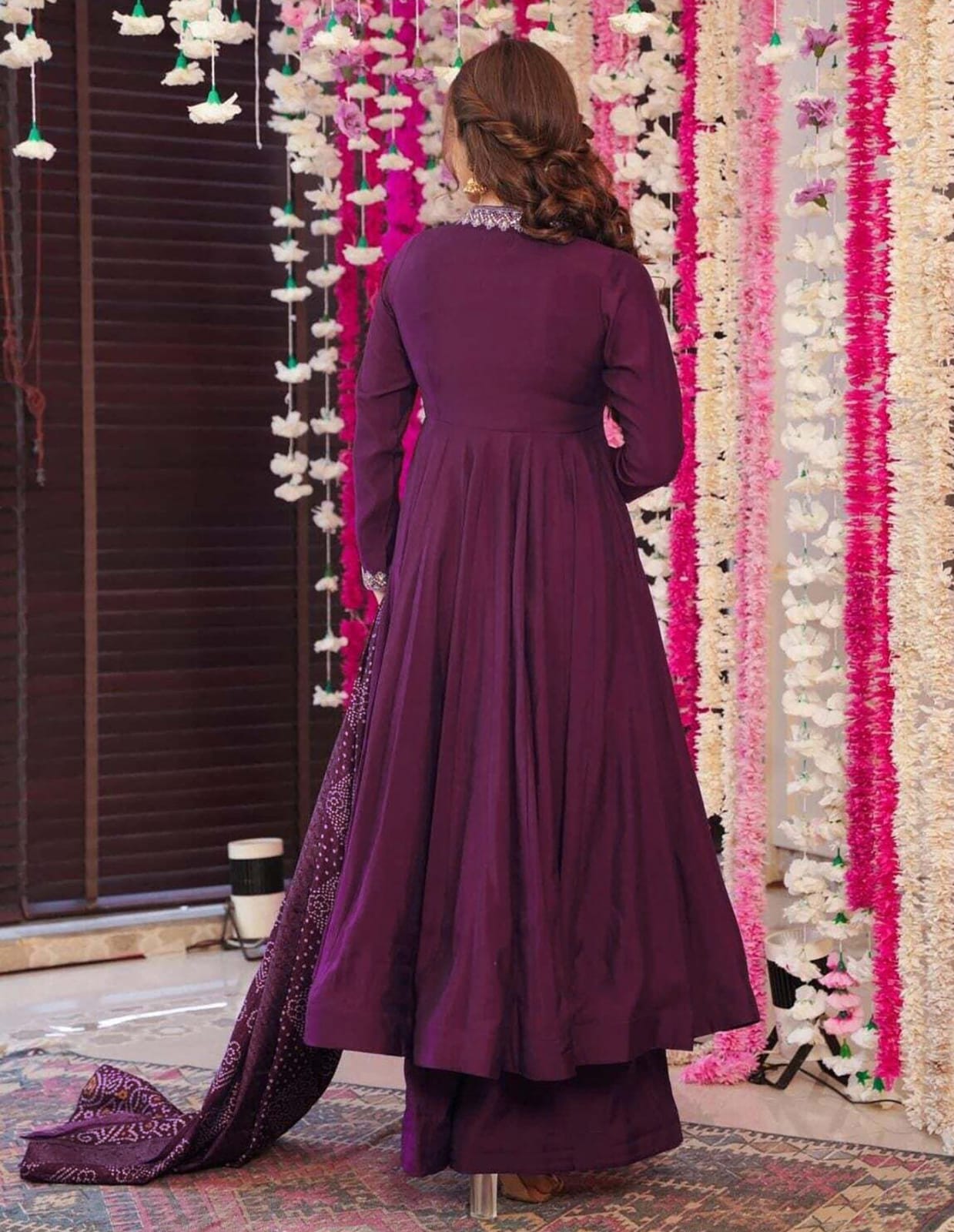 Premium Wine Silk-Blend Anarkali Suit with Straight Palazzos and Printed Dupatta