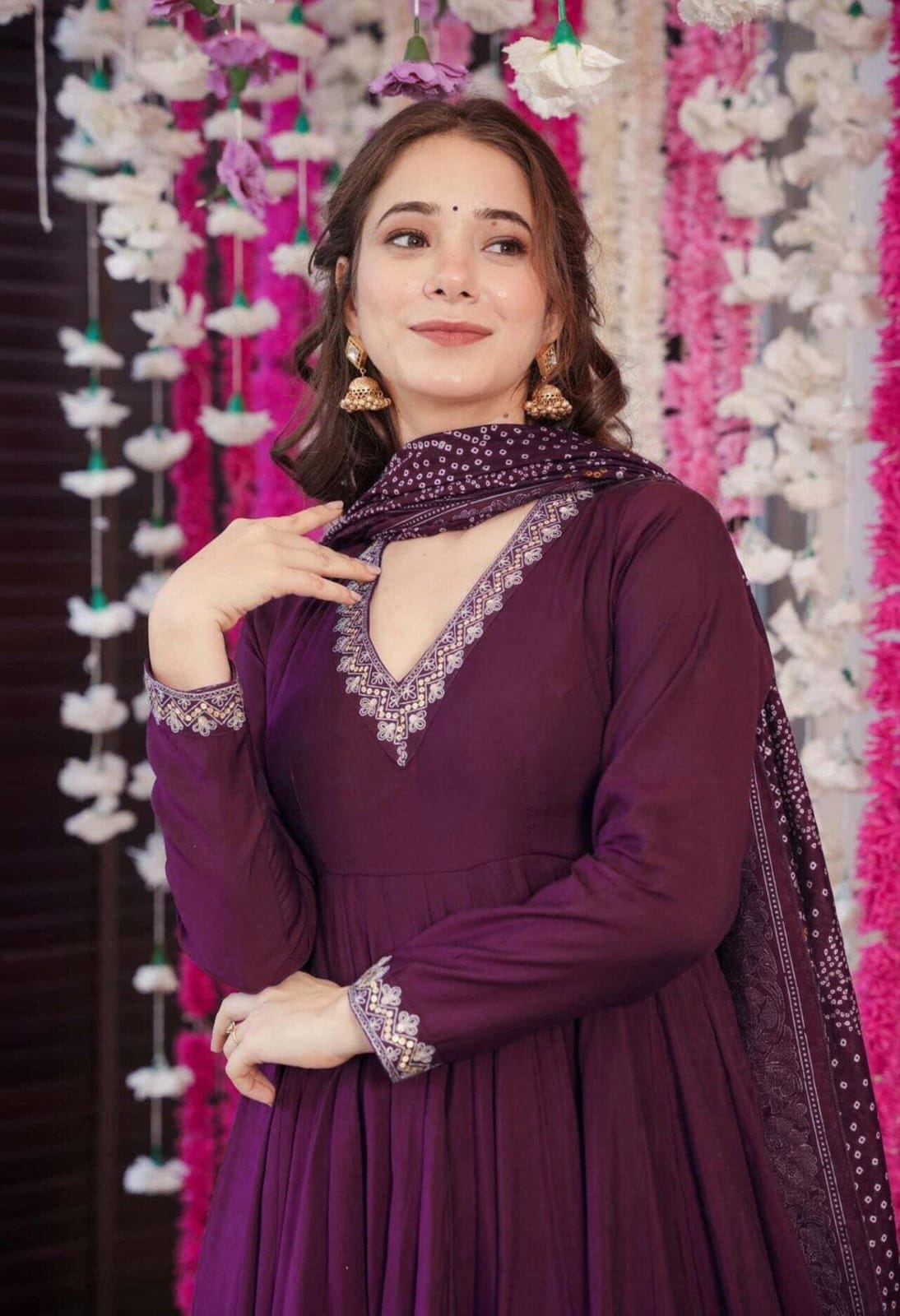 Premium Wine Silk-Blend Anarkali Suit with Straight Palazzos and Printed Dupatta
