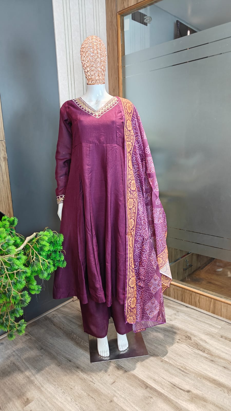 Premium Wine Silk-Blend Anarkali Suit with Straight Palazzos and Printed Dupatta