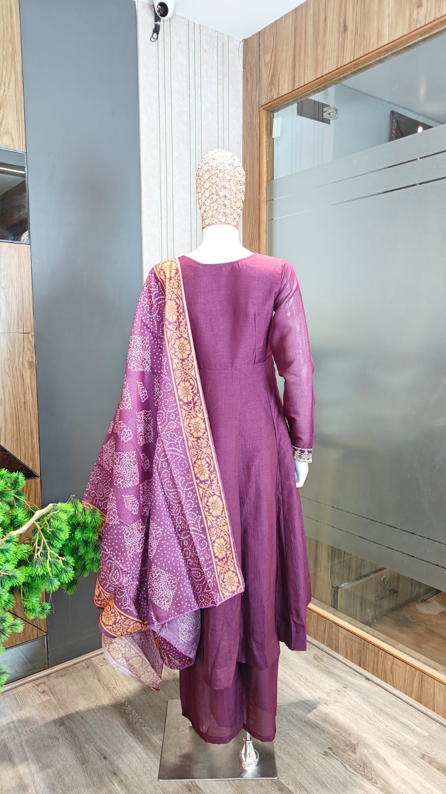 Premium Wine Silk-Blend Anarkali Suit with Straight Palazzos and Printed Dupatta