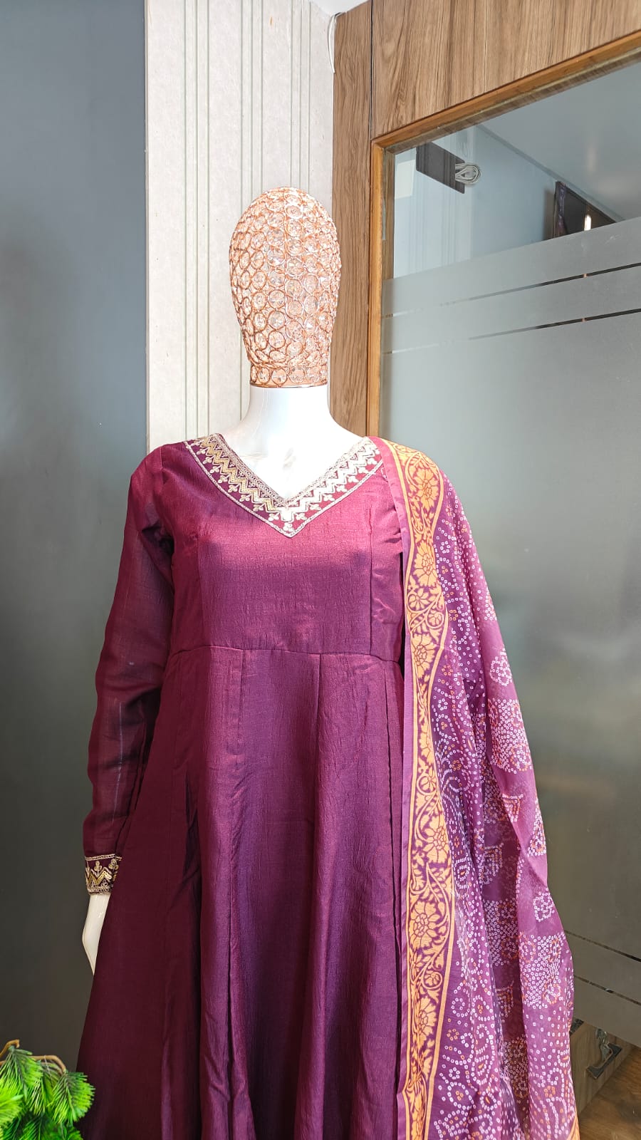 Premium Wine Silk-Blend Anarkali Suit with Straight Palazzos and Printed Dupatta