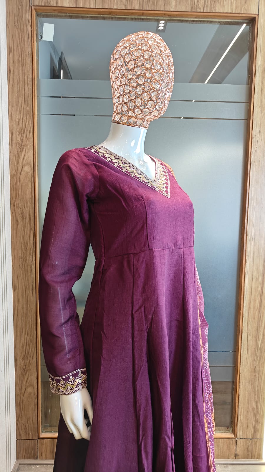 Premium Wine Silk-Blend Anarkali Suit with Straight Palazzos and Printed Dupatta