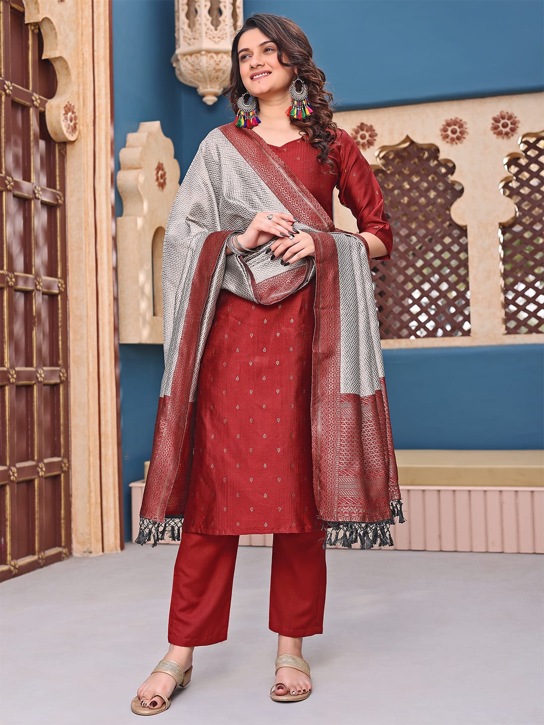 Jacquard Silk Maroon Mannat Kurta Set🛒🛍️