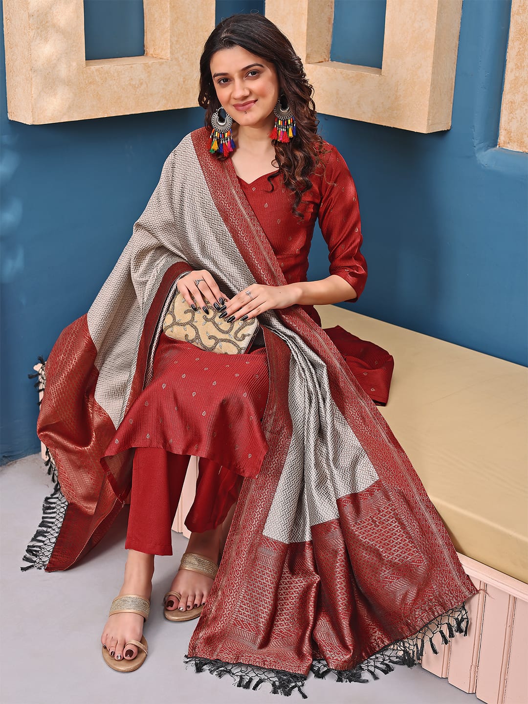 Jacquard Silk Maroon Mannat Kurta Set🛒🛍️