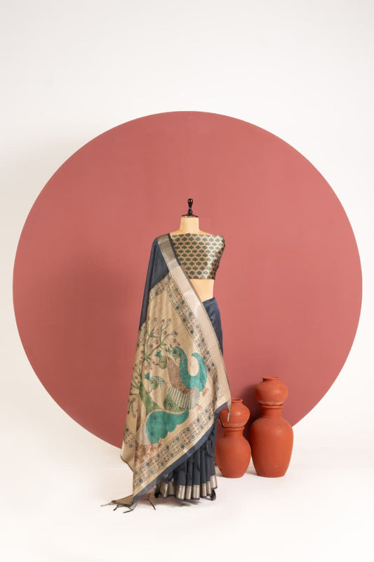 Soft Khadi Raw silk saree with beautiful kalamkari peacock print saree