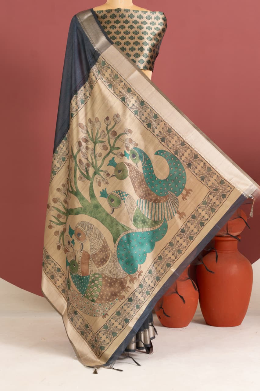 Soft Khadi Raw silk saree with beautiful kalamkari peacock print saree