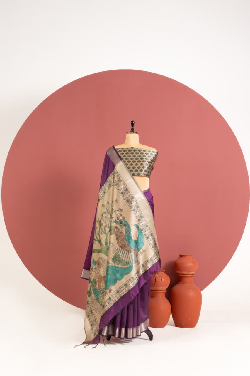 Soft Khadi Raw silk saree with beautiful kalamkari peacock print saree