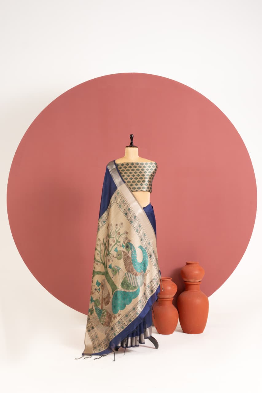 Soft Khadi Raw silk saree with beautiful kalamkari peacock print saree