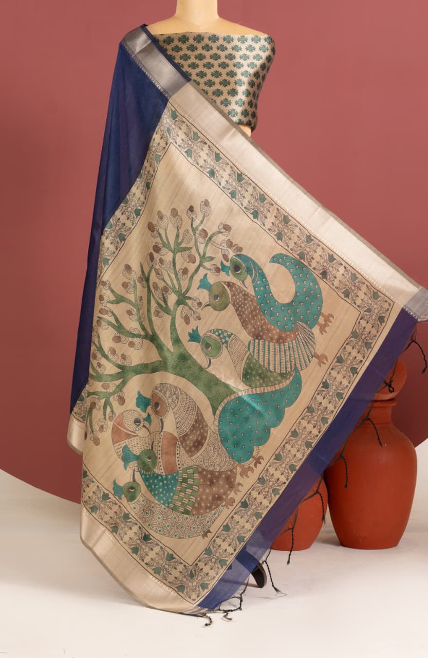 Soft Khadi Raw silk saree with beautiful kalamkari peacock print saree