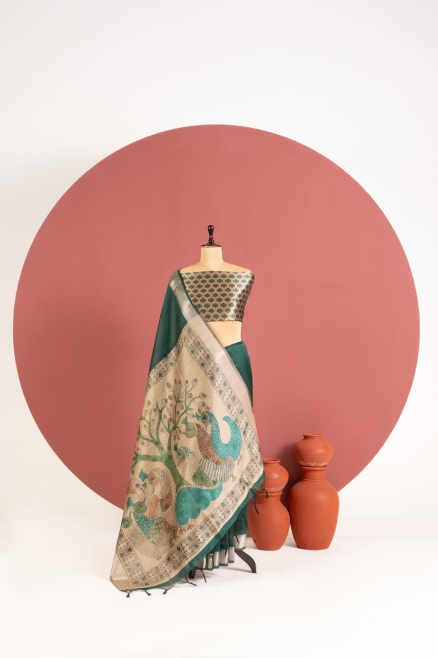Soft Khadi Raw silk saree with beautiful kalamkari peacock print saree