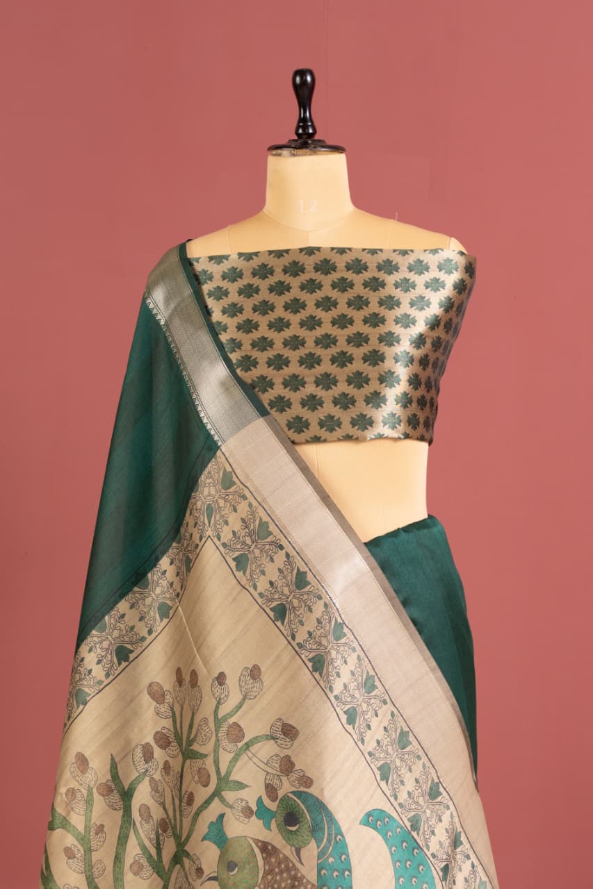 Soft Khadi Raw silk saree with beautiful kalamkari peacock print saree