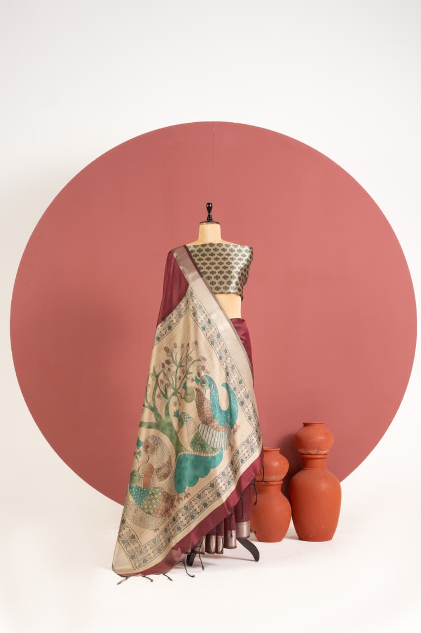 Soft Khadi Raw silk saree with beautiful kalamkari peacock print saree