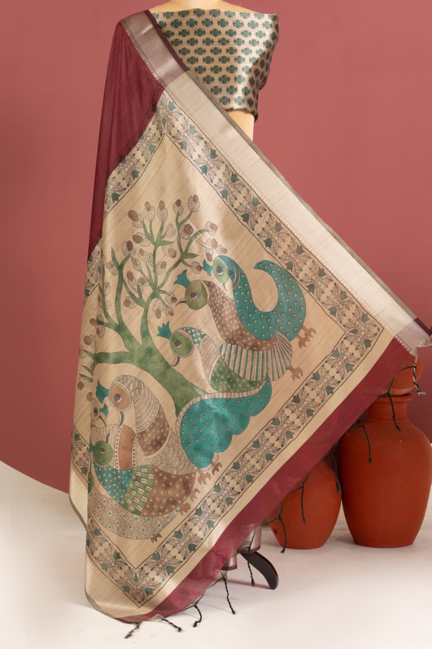 Soft Khadi Raw silk saree with beautiful kalamkari peacock print saree