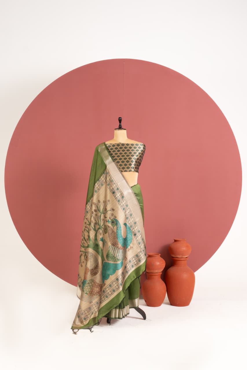 Soft Khadi Raw silk saree with beautiful kalamkari peacock print saree