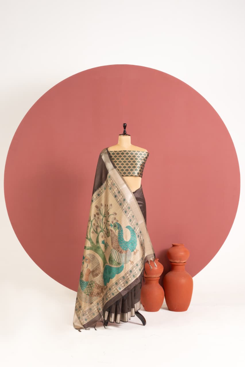 Soft Khadi Raw silk saree with beautiful kalamkari peacock print saree