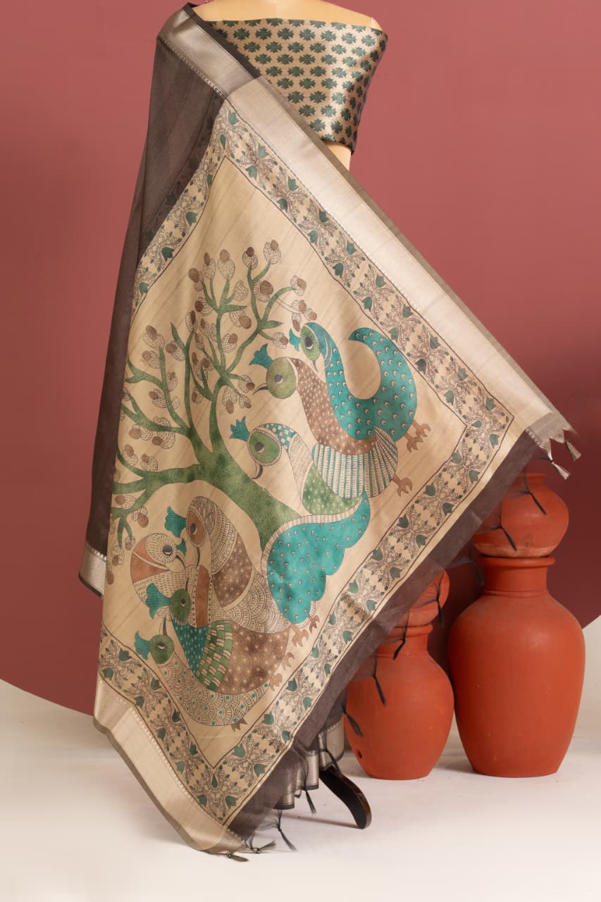 Soft Khadi Raw silk saree with beautiful kalamkari peacock print saree