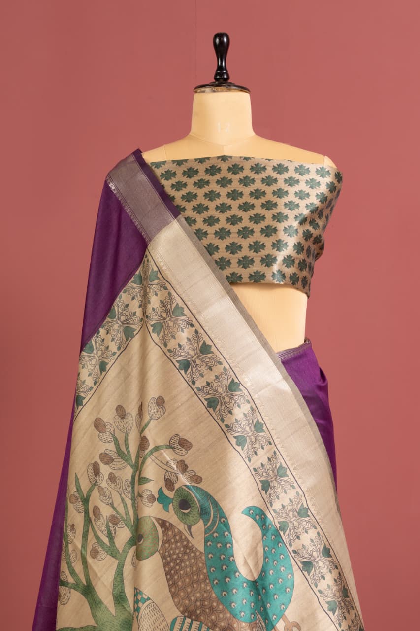 Soft Khadi Raw silk saree with beautiful kalamkari peacock print saree