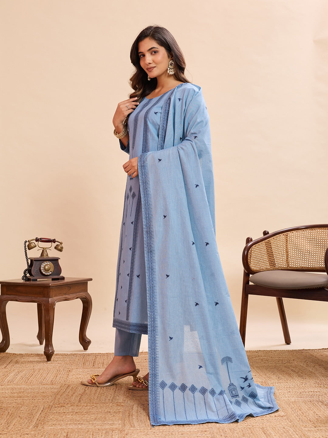 Elegant Pure Cotton Fabric Calf Length Straight Kurta Set