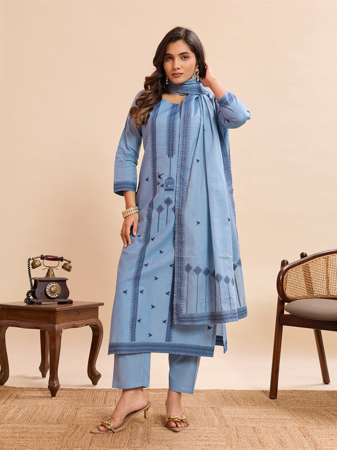 Elegant Pure Cotton Fabric Calf Length Straight Kurta Set