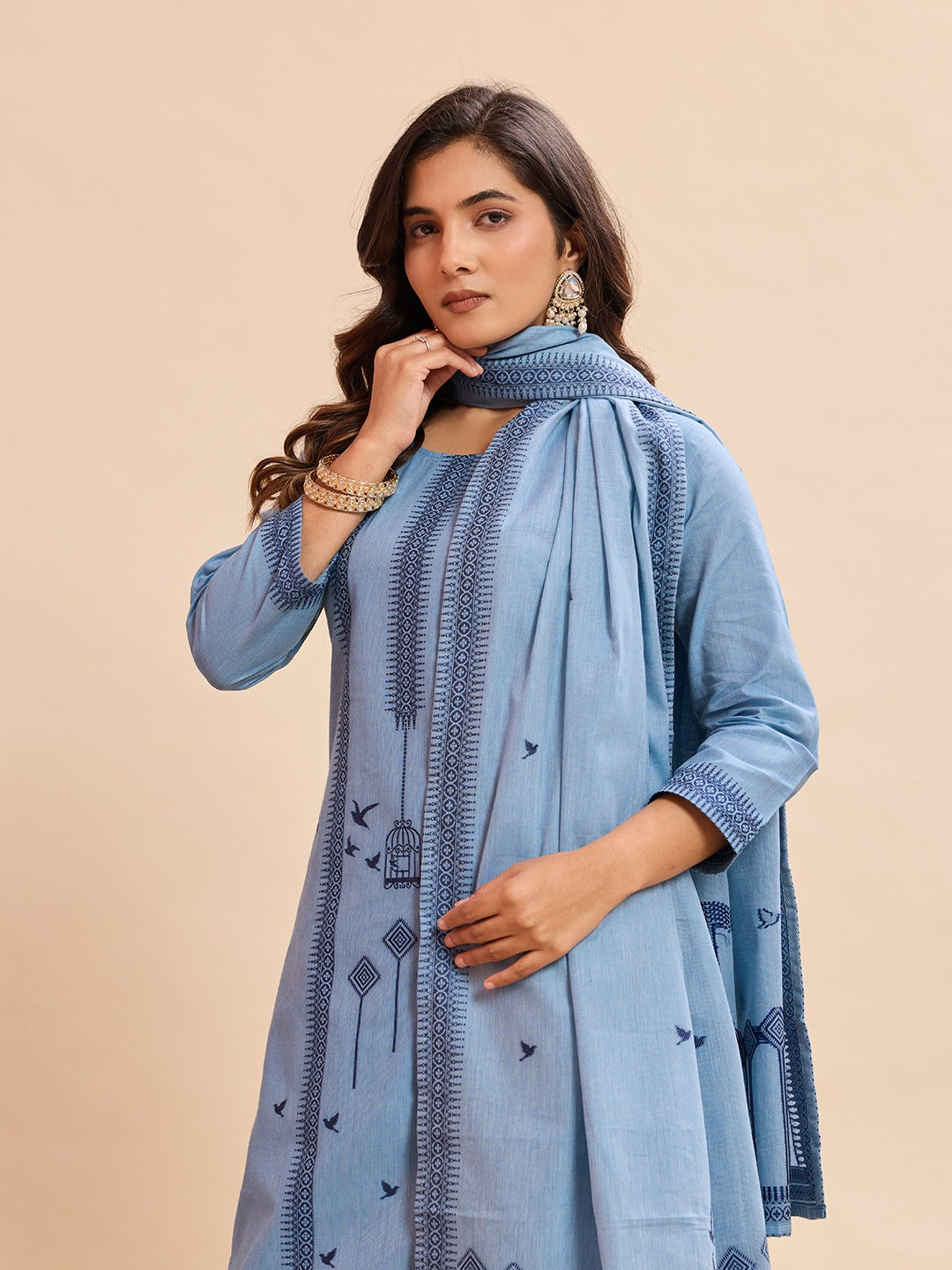 Elegant Pure Cotton Fabric Calf Length Straight Kurta Set