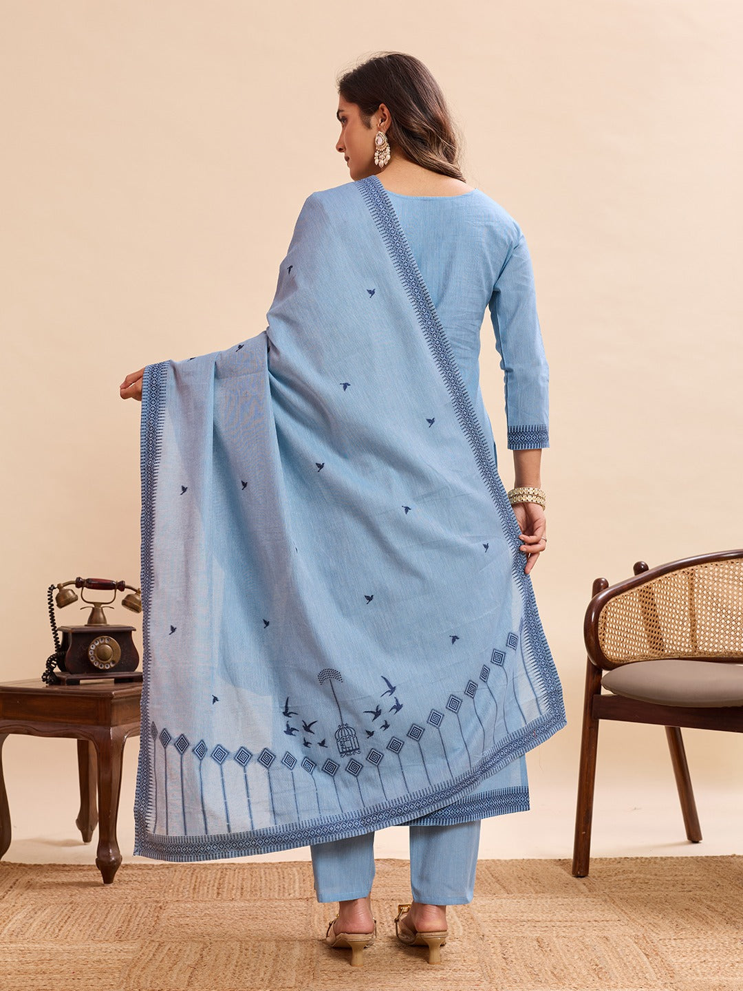 Elegant Pure Cotton Fabric Calf Length Straight Kurta Set