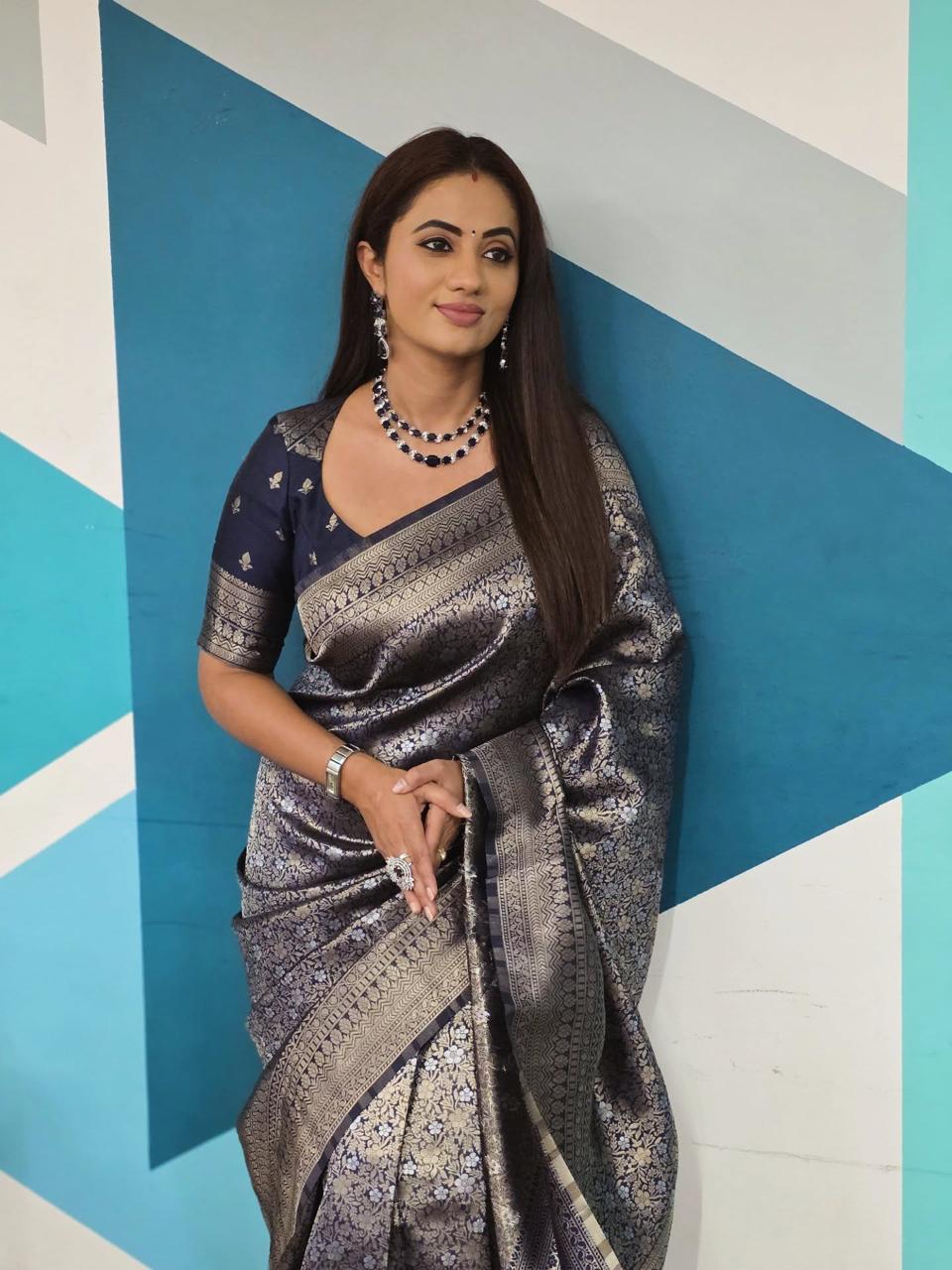 Women's Premium Navy Blue Banarasi Silk Saree with Rich Silver Zari Weaving, Traditional Floral Motifs & Elegant Border